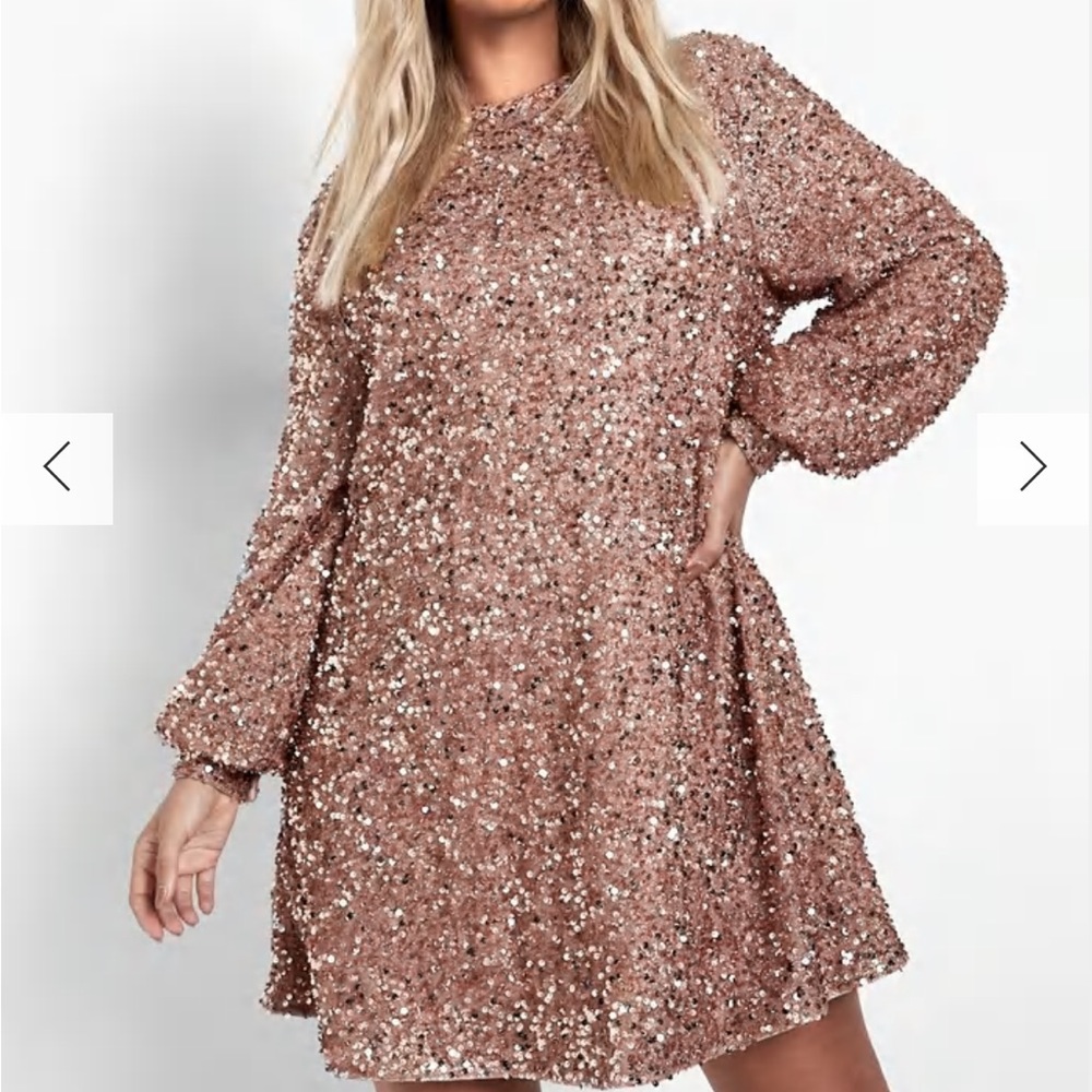 Rose Gold Sequin Blouson Sleeve Shift Dress